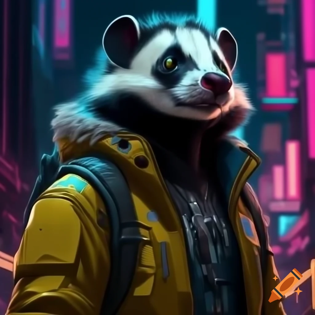 Realistic skunk in futuristic jacket with LEDs in neon dystopian city