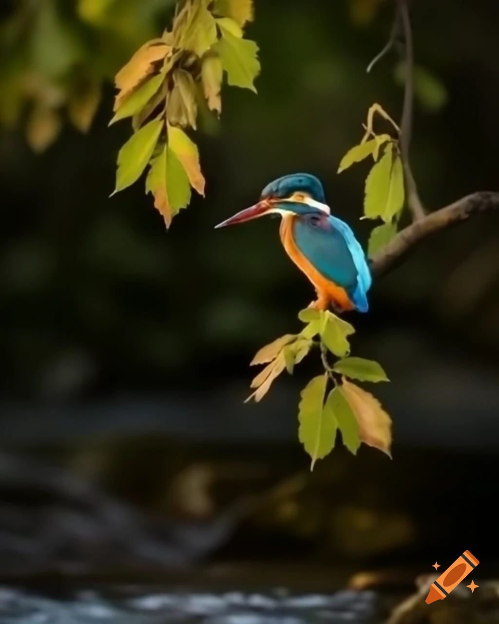 Kingfisher on alder branches over stream, warm morning light