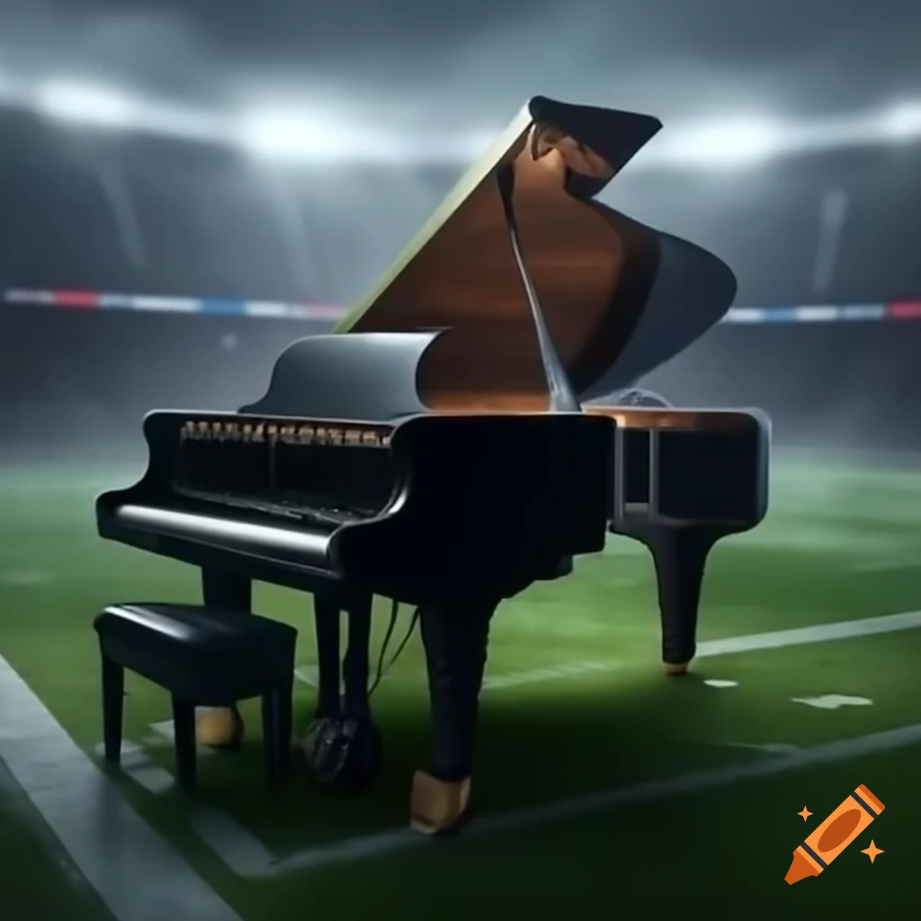 Grand piano placed in the middle of a football field on a rainy day