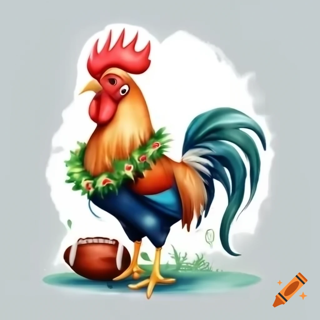 Hawaiian rooster with lei and football, team logo profile view