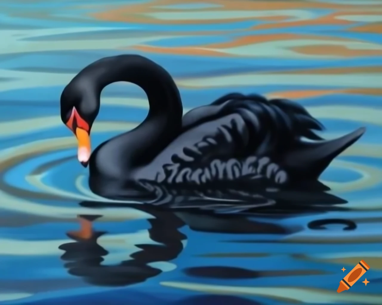 Black swan with orange beak swimming, styled like Albert Namatjira