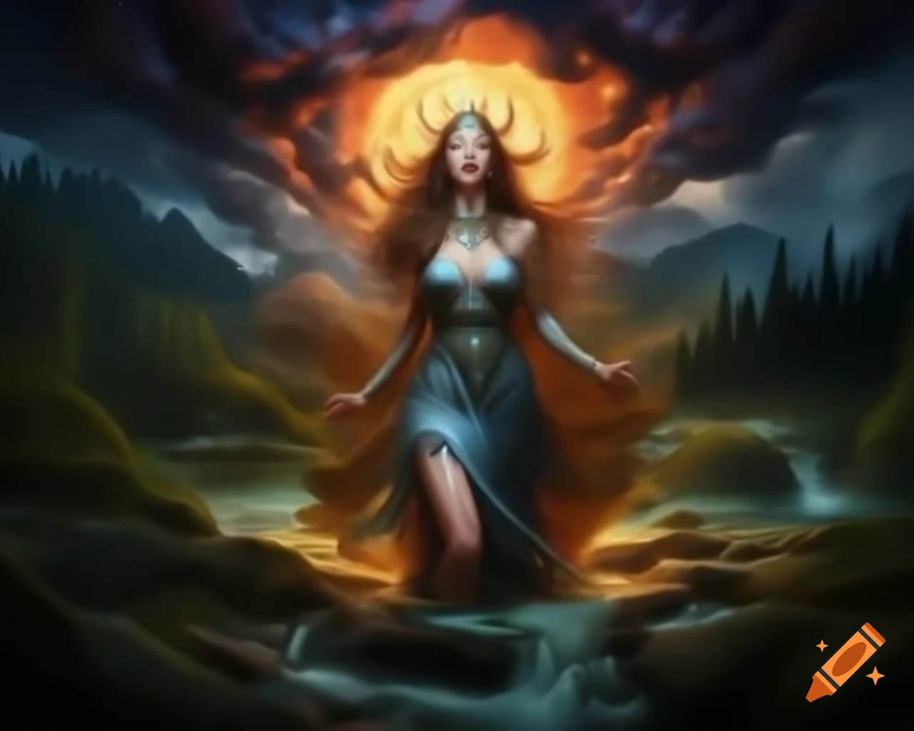 Slavic enchantress in intricate gown in verdant forest