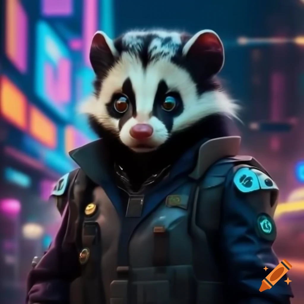 Spotted skunk in cyberpunk dystopia wearing futuristic military uniform in neon city