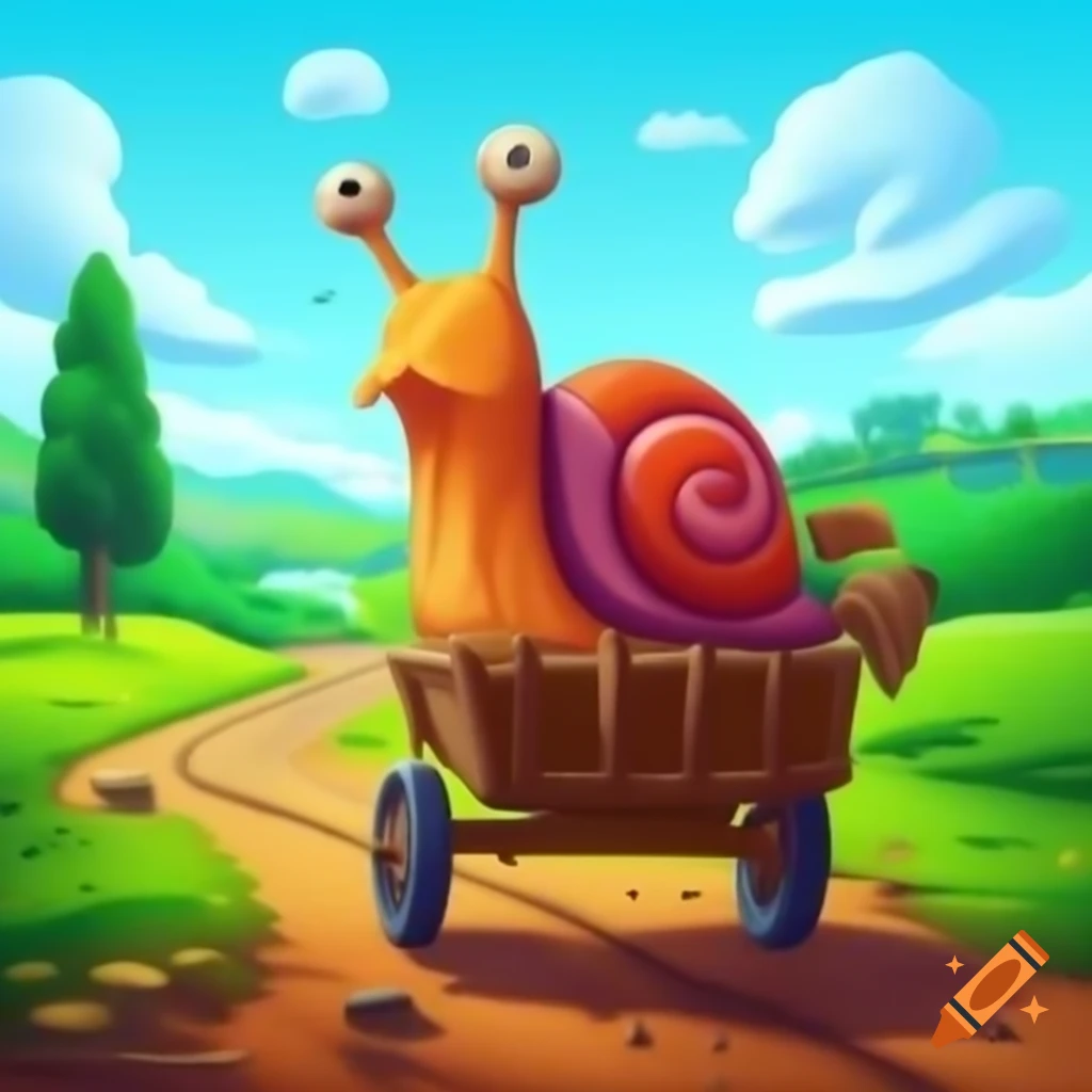 Giant snail pulling cart on country road in 17th century England