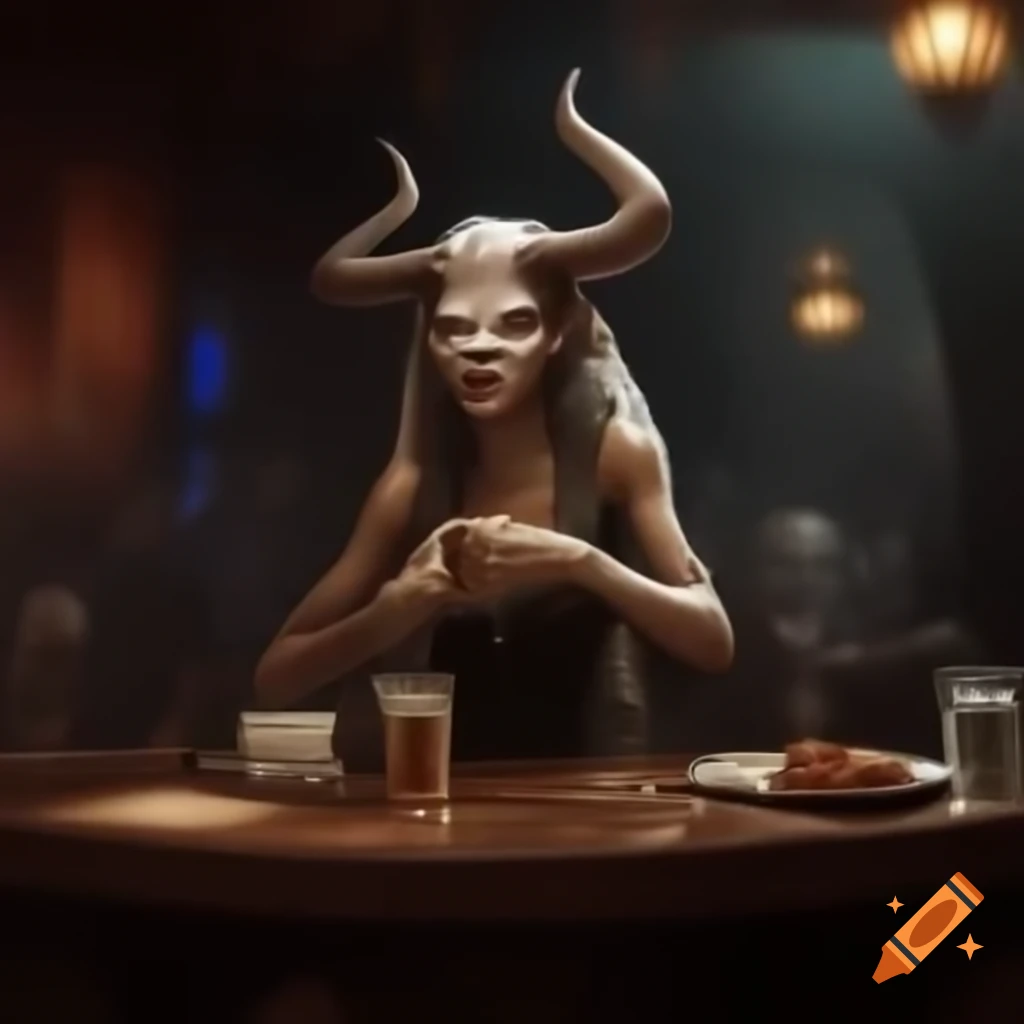 Teifling character on barstool in dim club with glowing cup