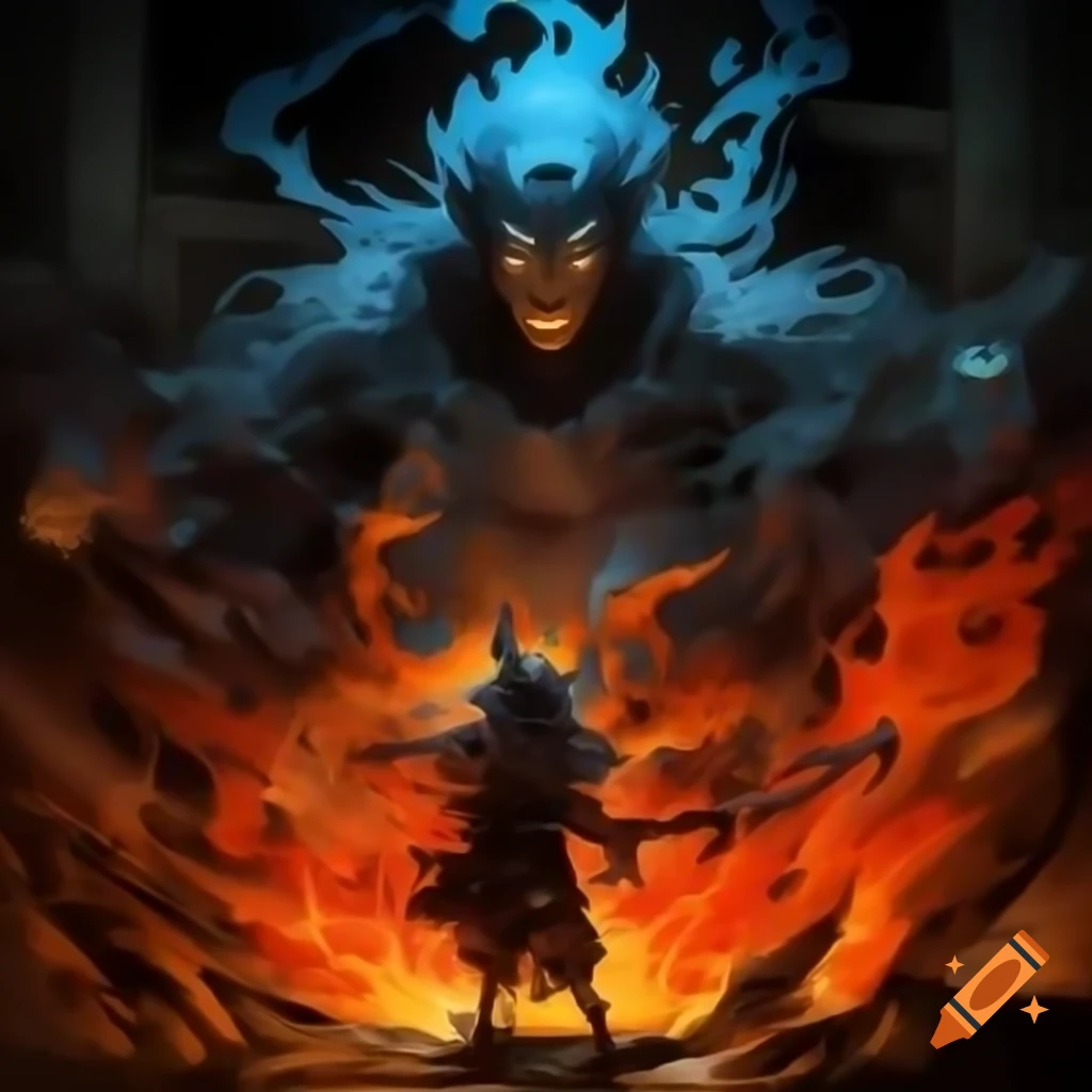Anime human demon hybrid with flames in historical style and vibrant colors