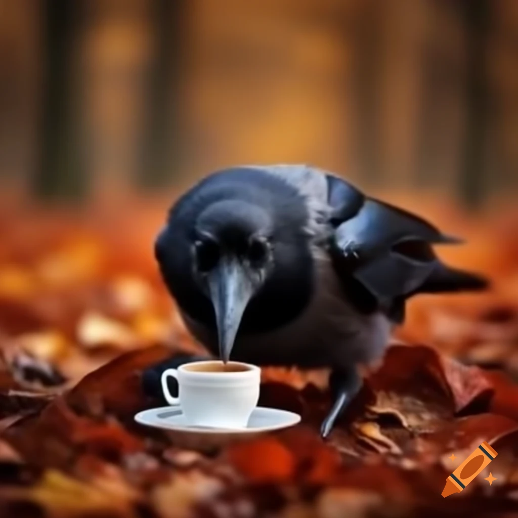 Happy crow with coffee cup in autumn surrounded by fallen leaves