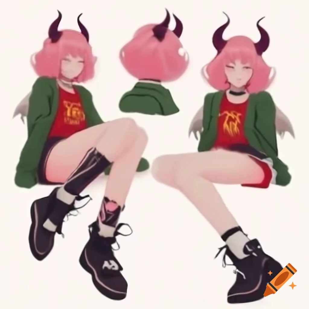 Hand-drawn character sheet of a figure with pink hair, demonic horns, and bat wings