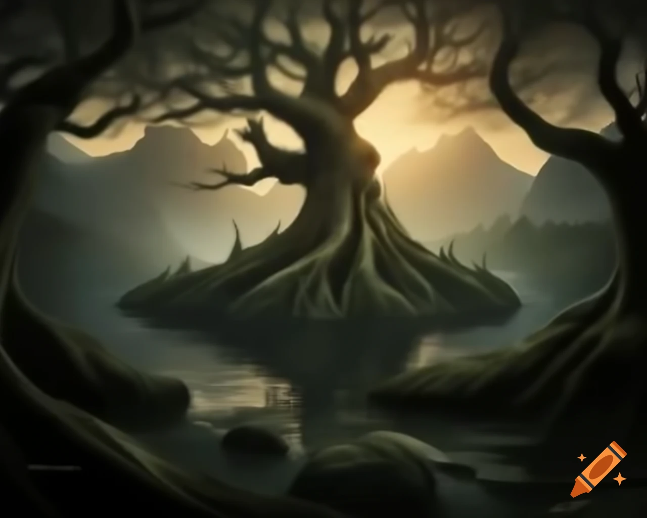 Dark fantasy tree monster in forest near mountain lake