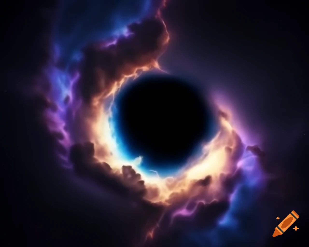 Realistic depiction of black hole surrounded by stars in dark blue and purple