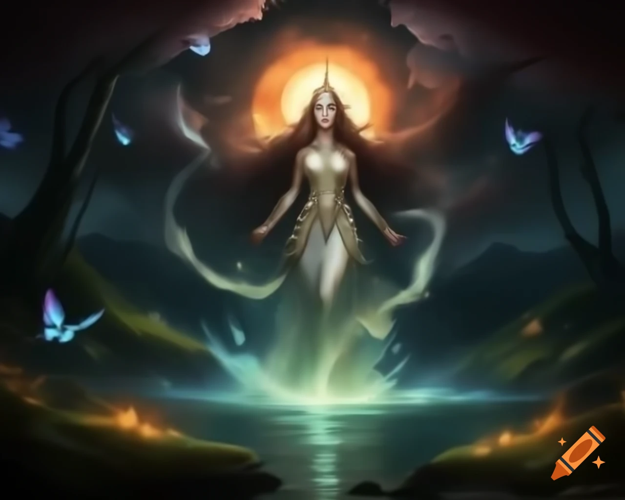 Slavic enchantress in intricate gown in verdant forest