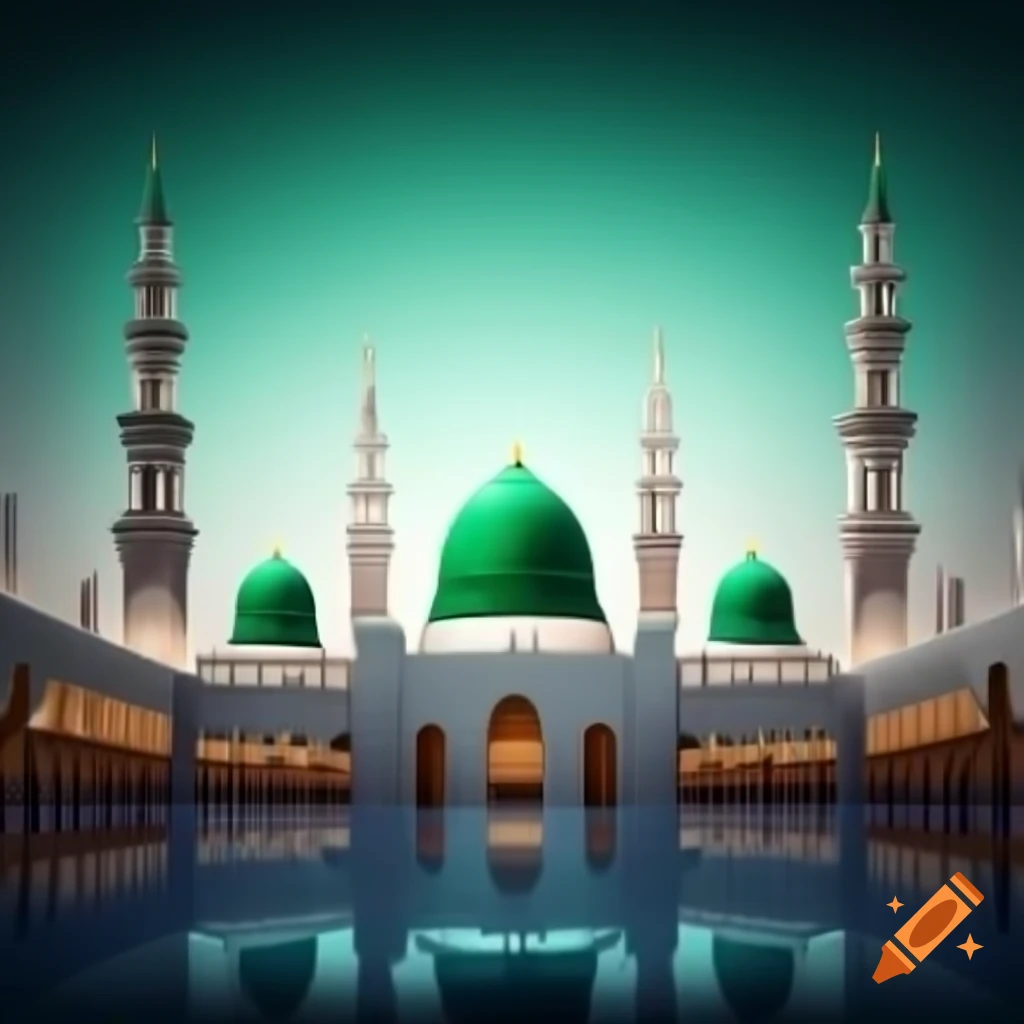 Transparent crystal glass Madinah Sharif with green dome in Holy Mosque, vector illustration