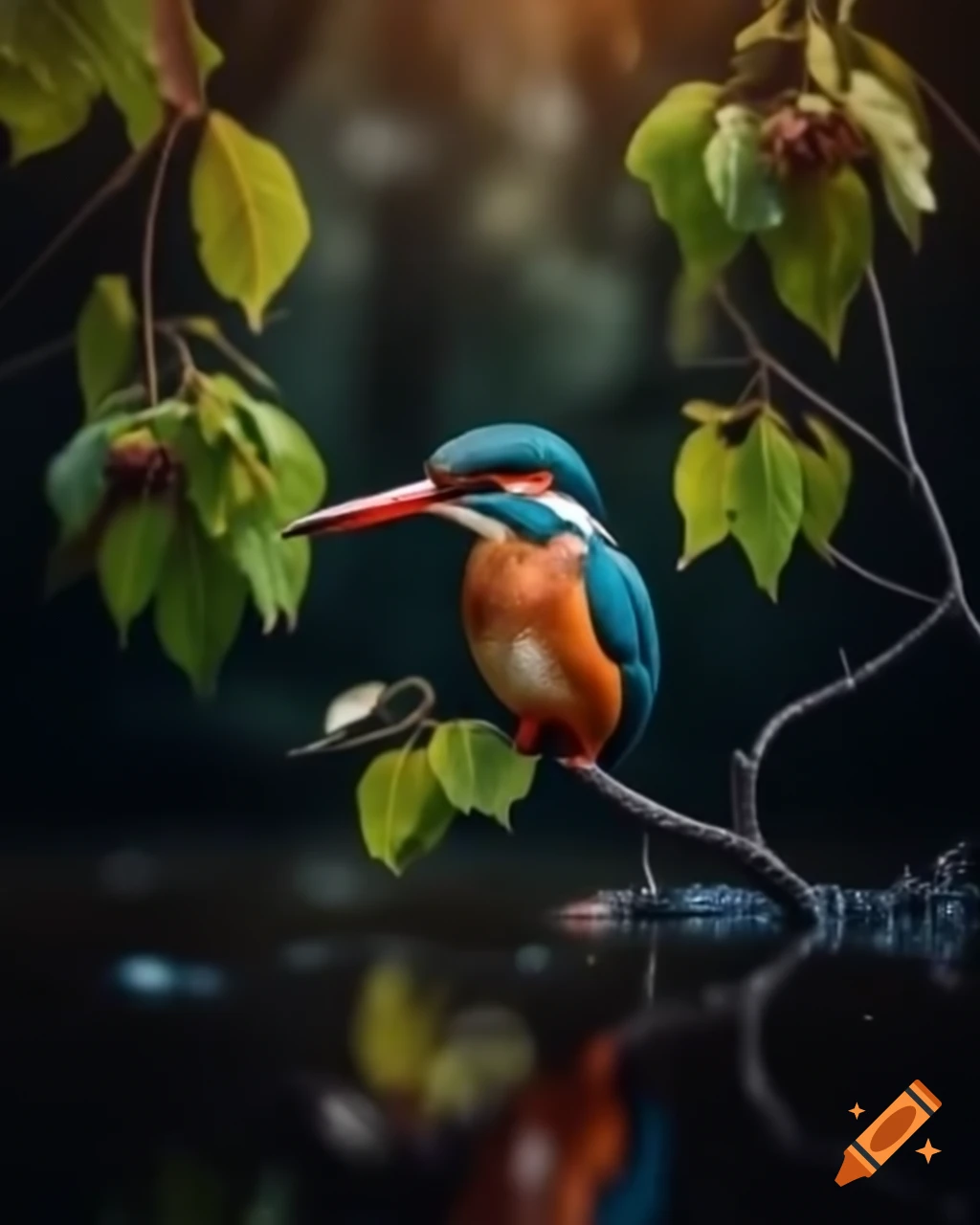 Kingfisher perched on alder branches over a stream in warm morning light