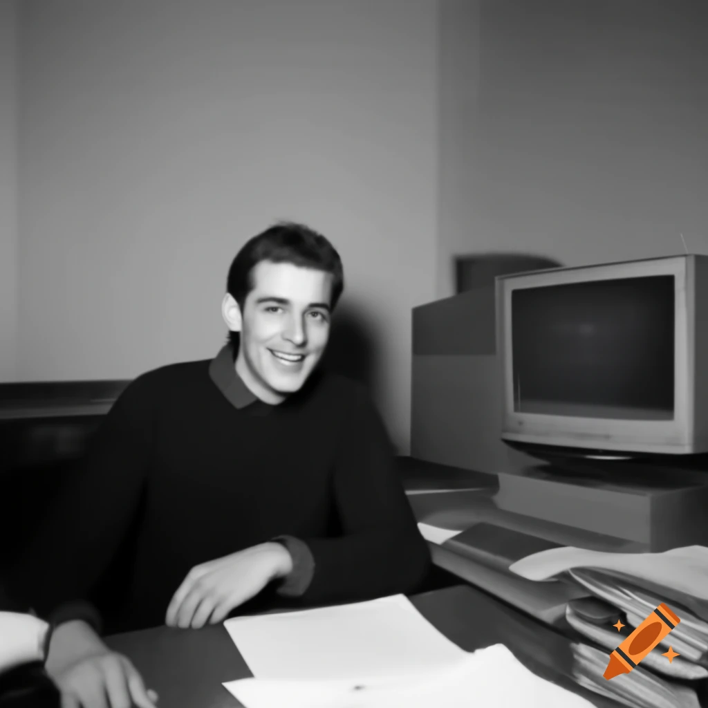 Young writer at desk in office with computer and in-basket labeled 'jobs'