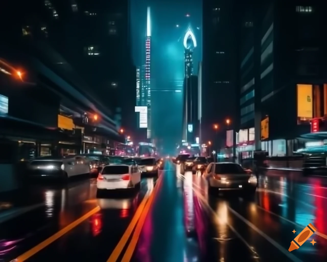Cinematic night cityscape with neon lights and towering skyscrapers