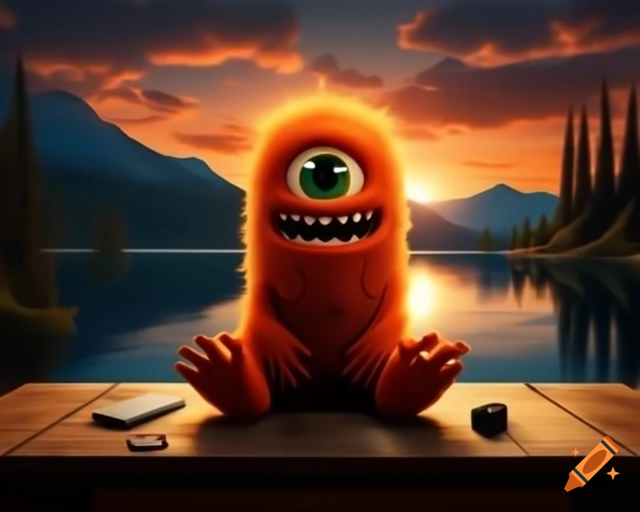 Photorealistic orange monster with human face sitting on wooden table in forest