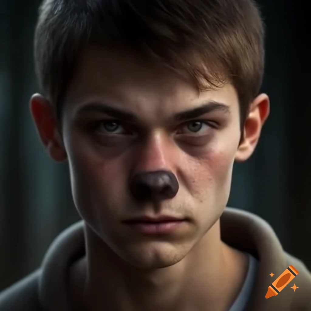 Young man with werewolf nose snout
