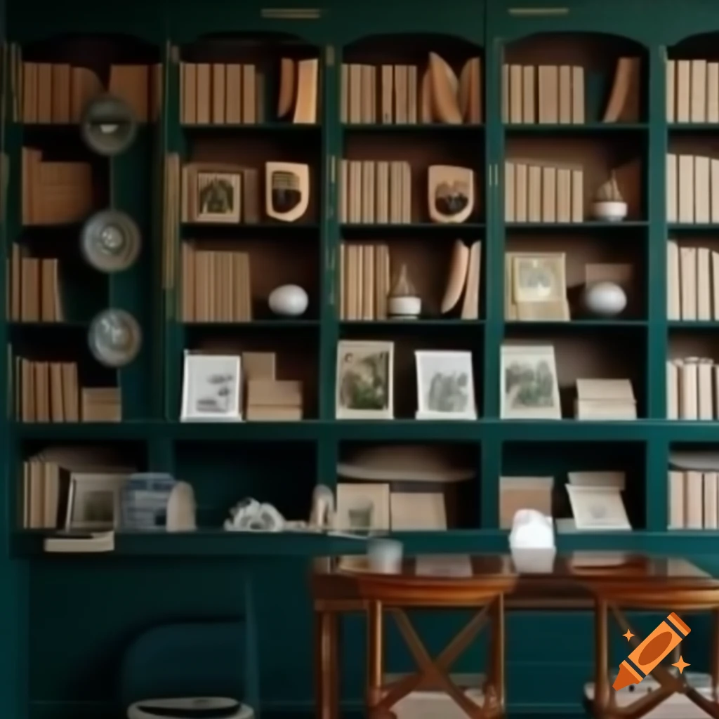 Cozy cafe interior with vintage books, dark wood furniture, and botanical decor