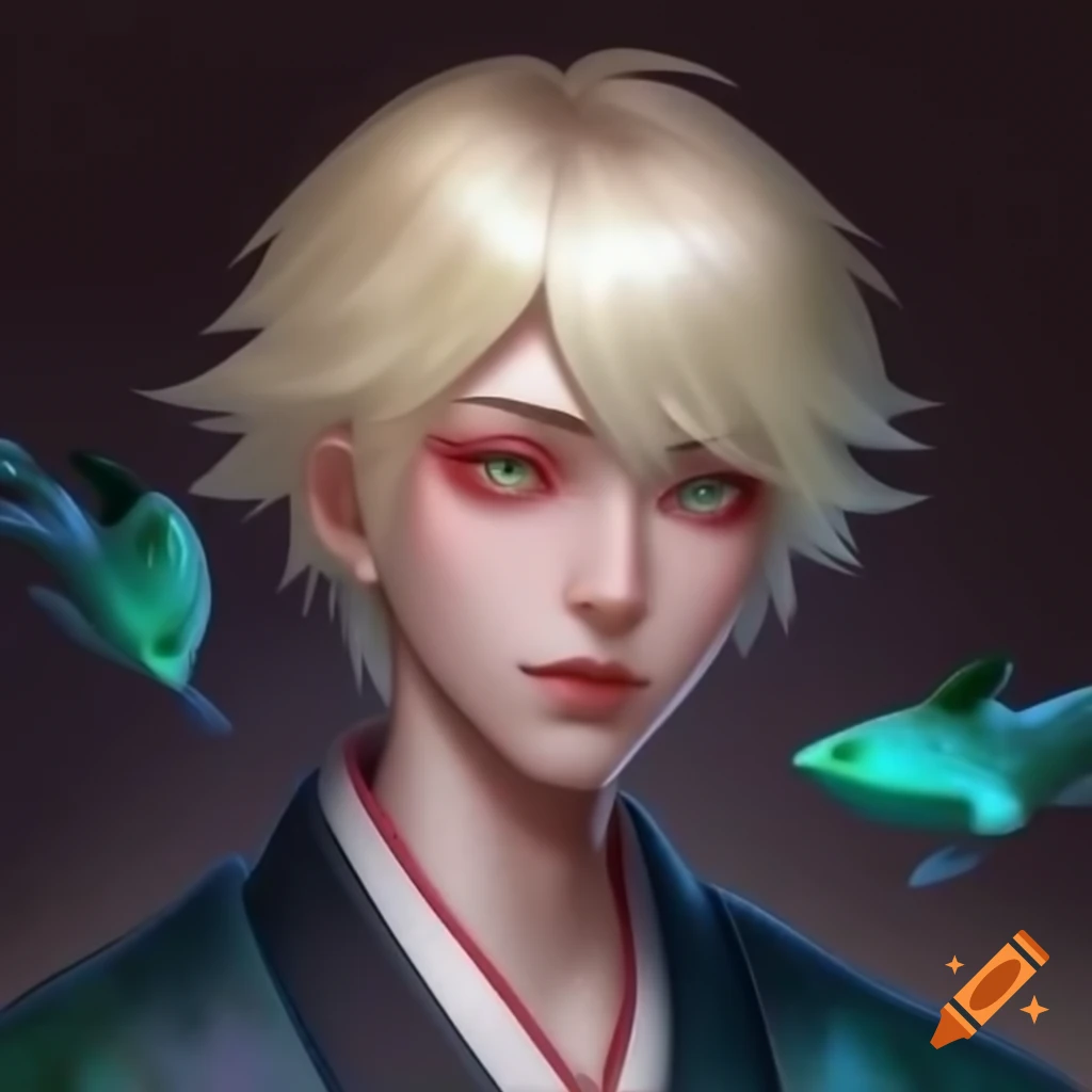 Character design of a late 20's male with short blonde hair and teal eyes, albinism theme
