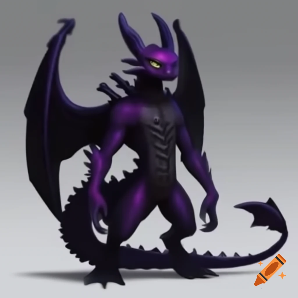 Humanoid black and purple dragon creature with digitigrade legs and human-like posture