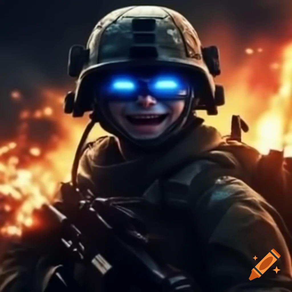 Soldier with glowing blue eyes smiling amidst explosions