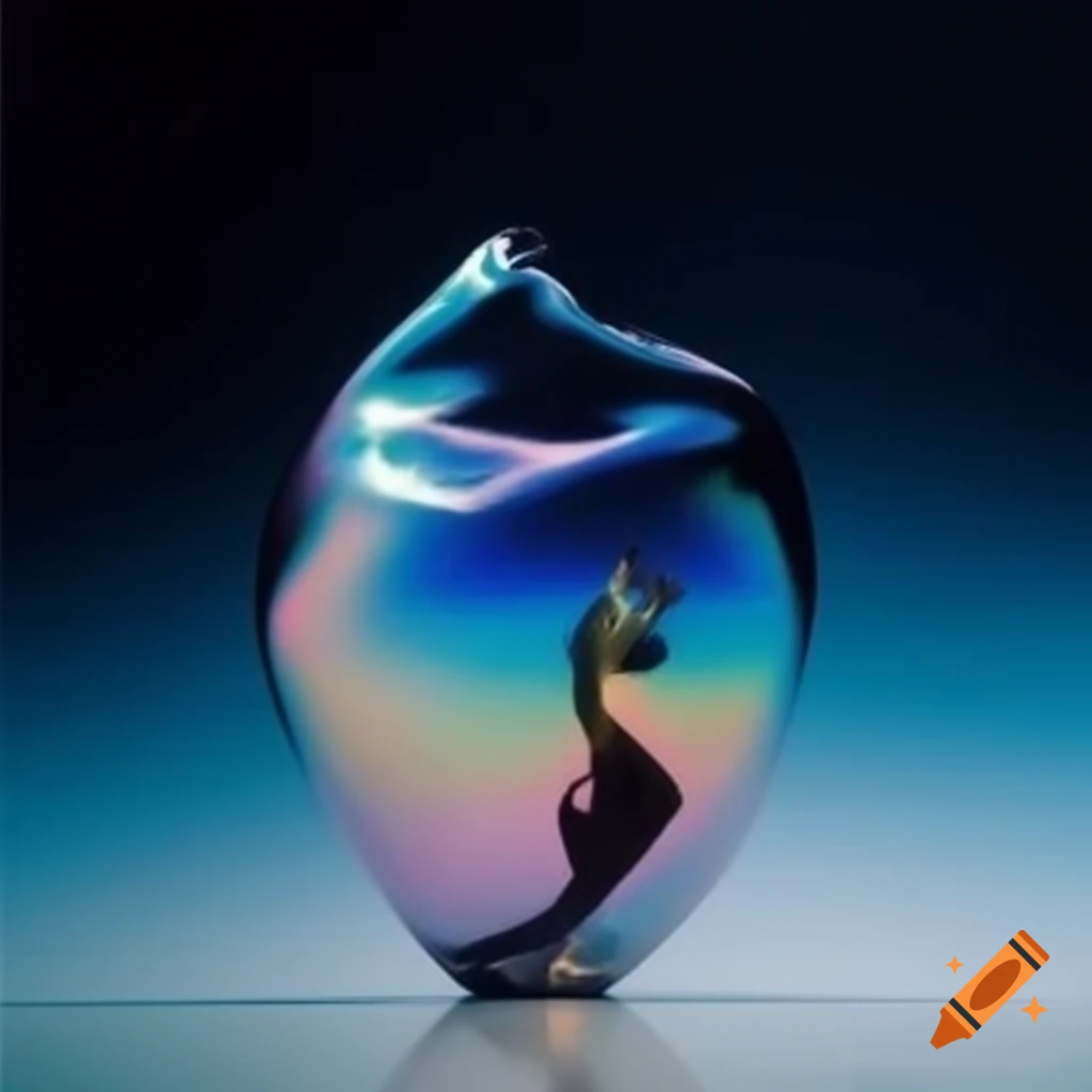 Pop surreal photography featuring iridescent glass statue