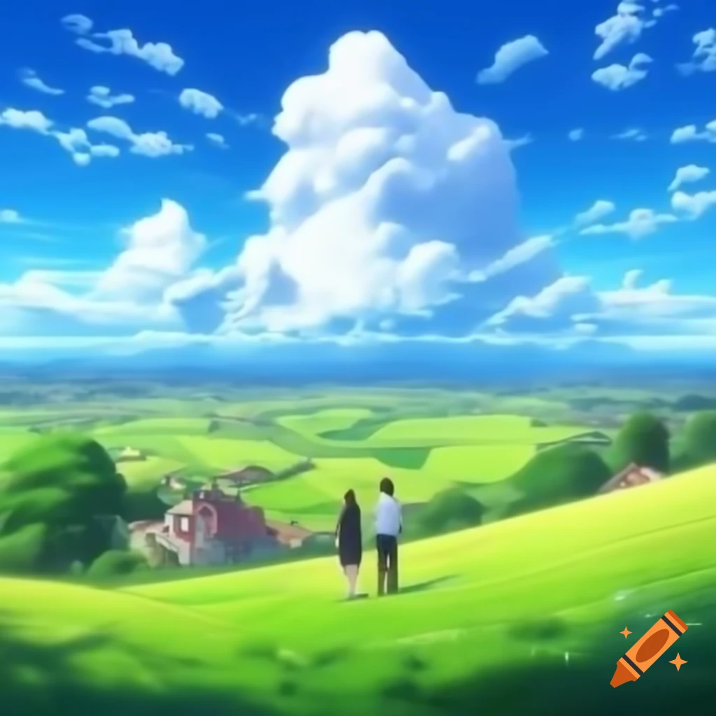 Vibrant anime-style landscape with rolling green hills and peaceful village under fluffy clouds