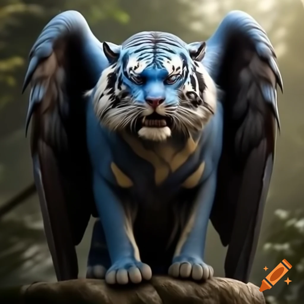 Realistic blue-yellow tiger with wings and elephant-like ears in nature background