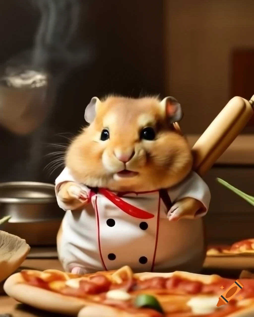 Hamster cooking pizza in miniature kitchen with bamboo rolling pin
