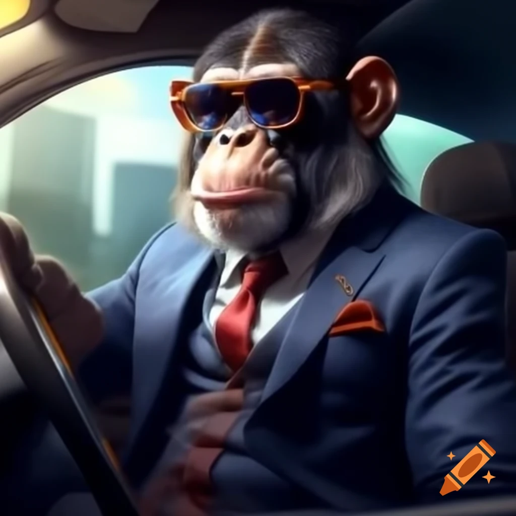 Ape wearing suit and sunglasses driving a Lamborghini