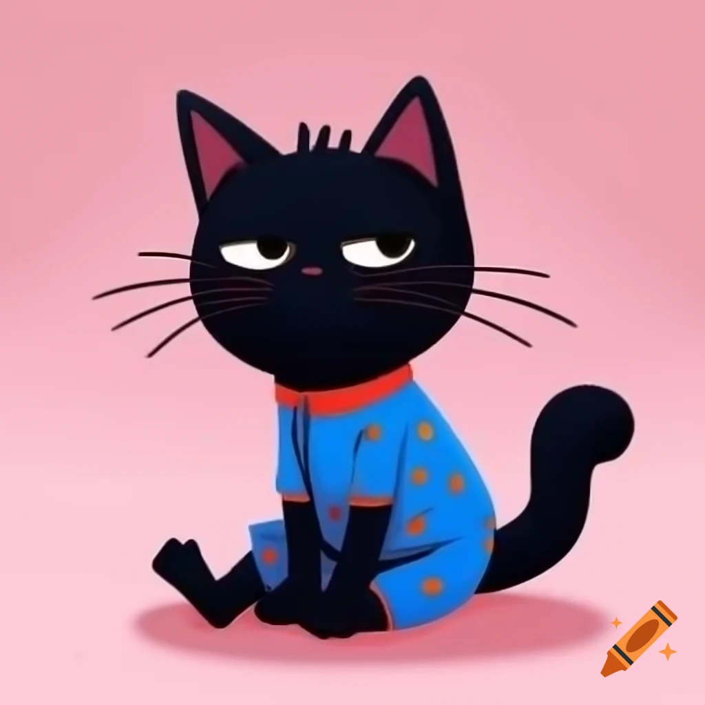 Cartoon art of black cat wearing pajamas