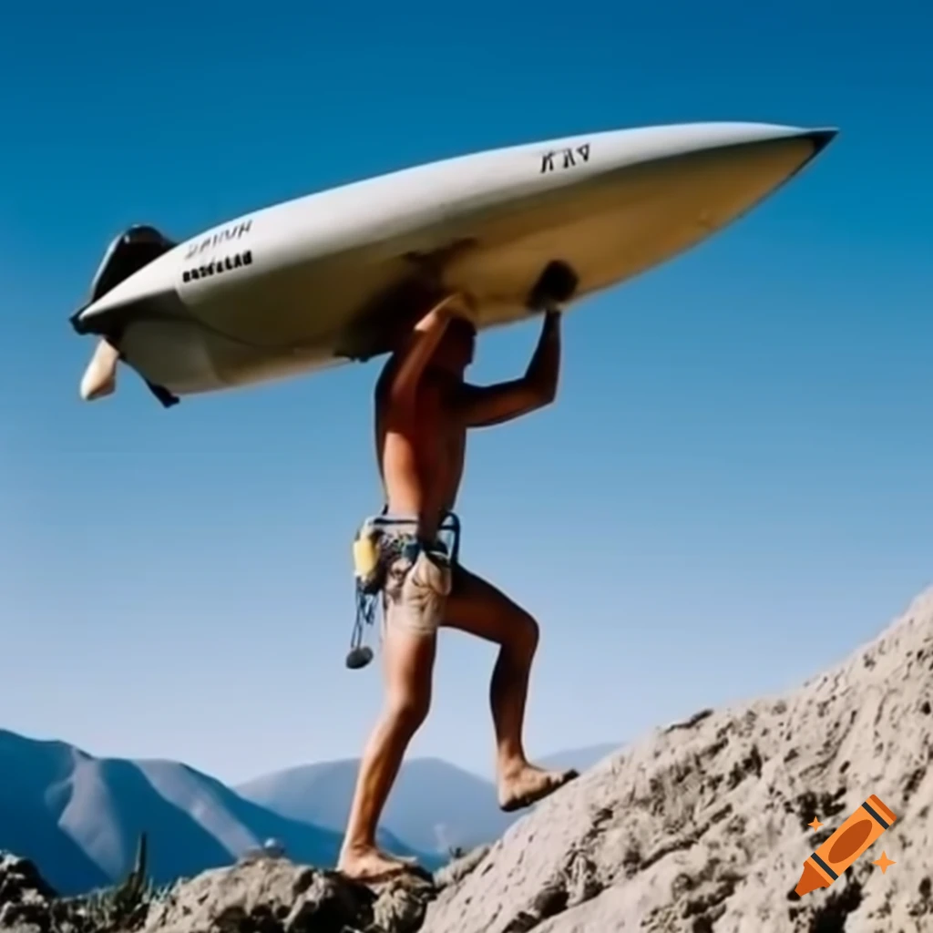 Man climbing mountain carrying rubber dinghy