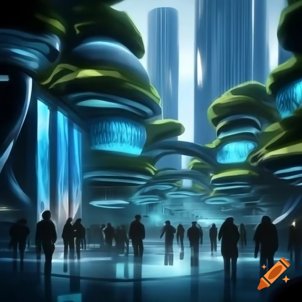 Futuristic city blending biotechnology with organic skyscrapers