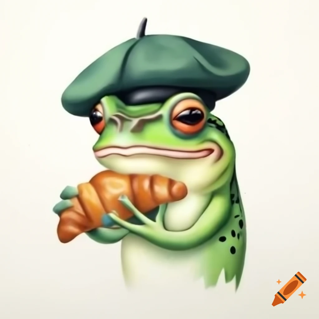 Elegant frog wearing beret and holding croissant