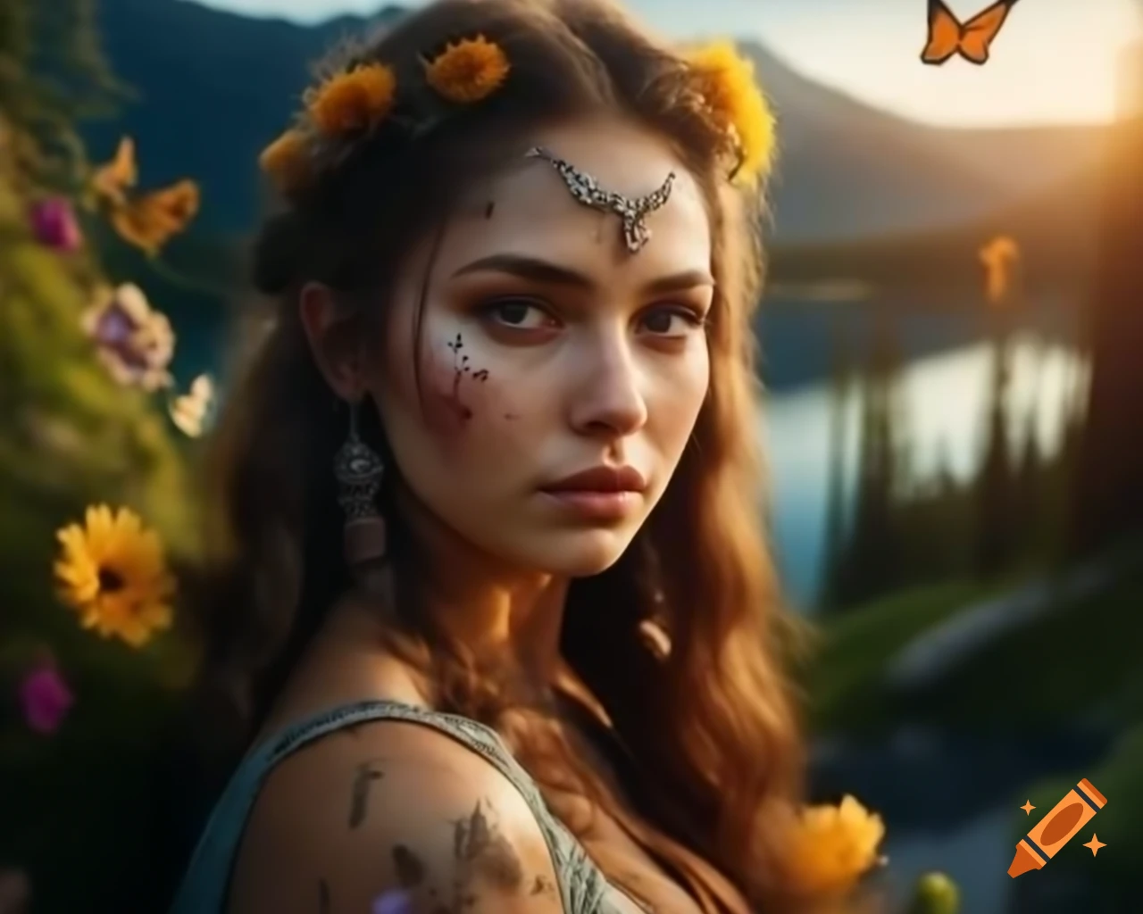 Hyper-realistic portrait of Slavic woman with flowers and butterflies in hair