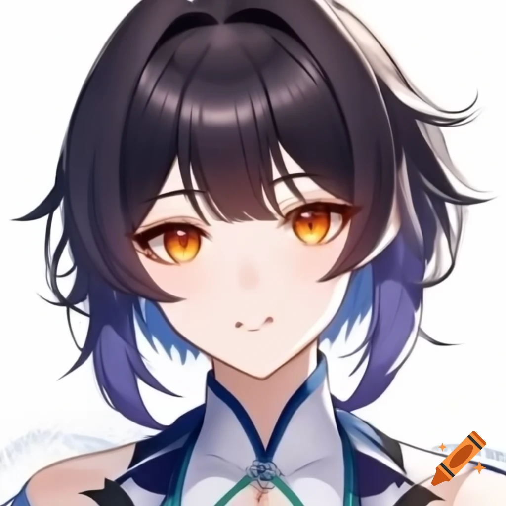 Otome game character in Honkai Star Rail art style with black bob hair and orange eyes