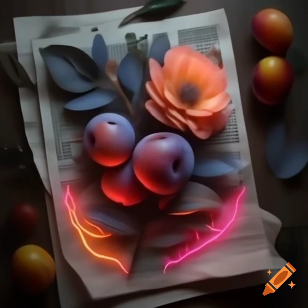 Intricate neon floral botanicals art on newspaper with dusk lighting