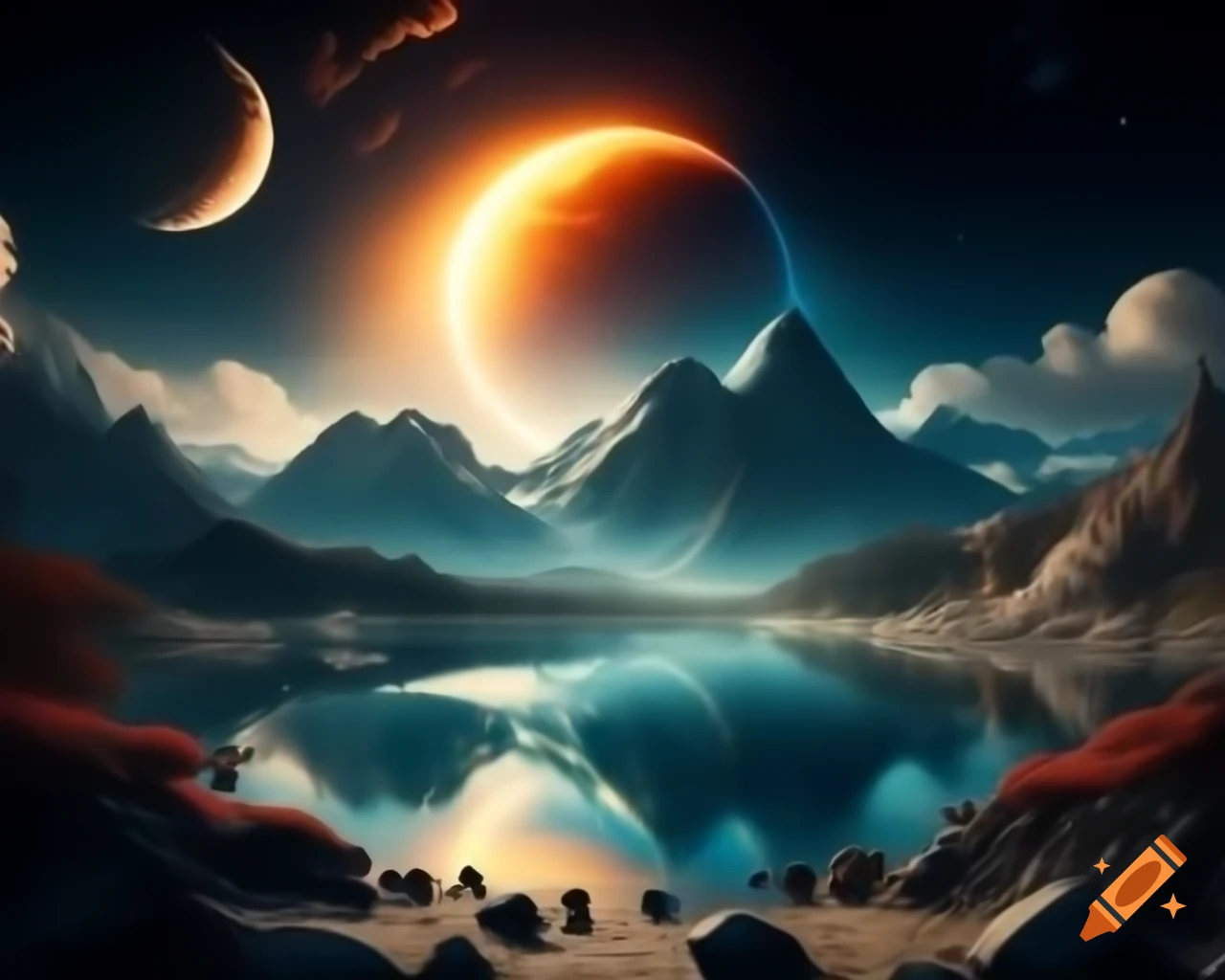 Photorealistic 3D render of sunset over mountain lake with sun rays