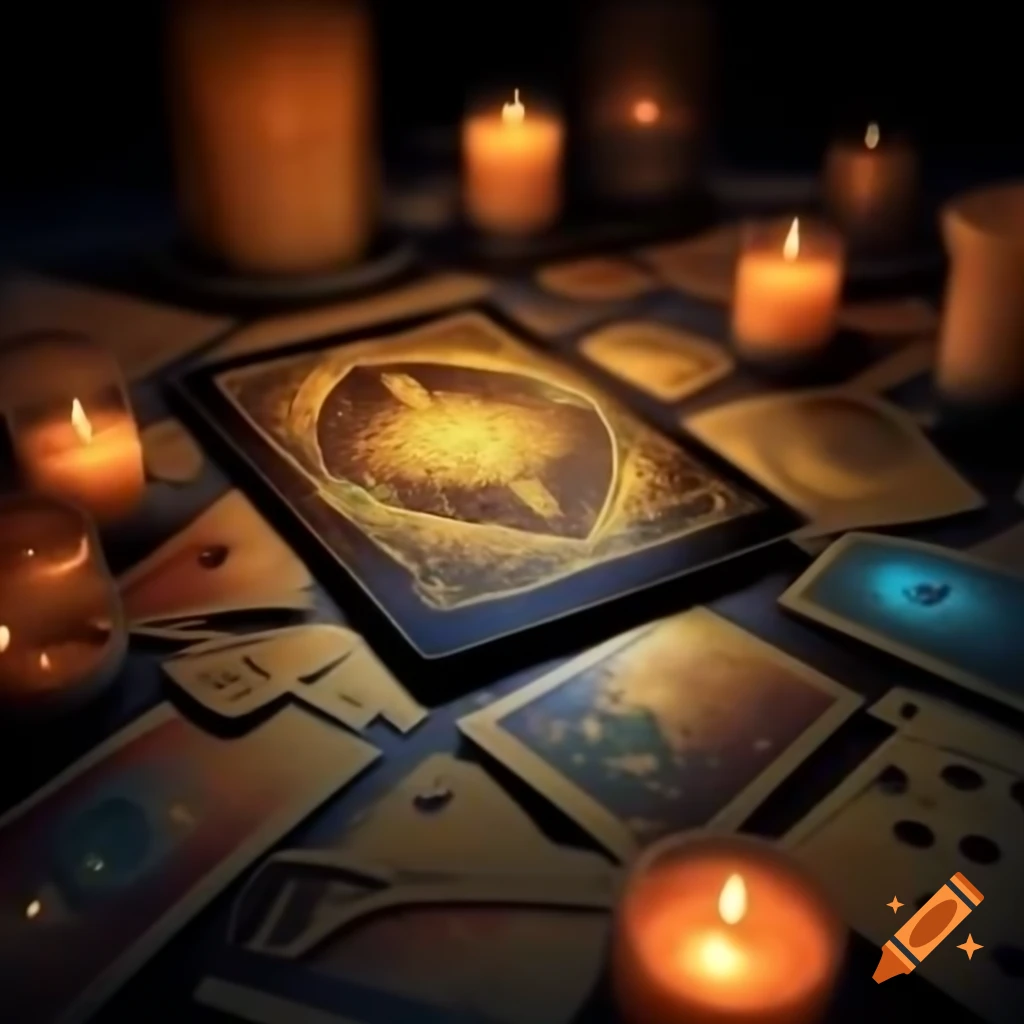 Tarot cards with candles in ethereal lighting and intricate details