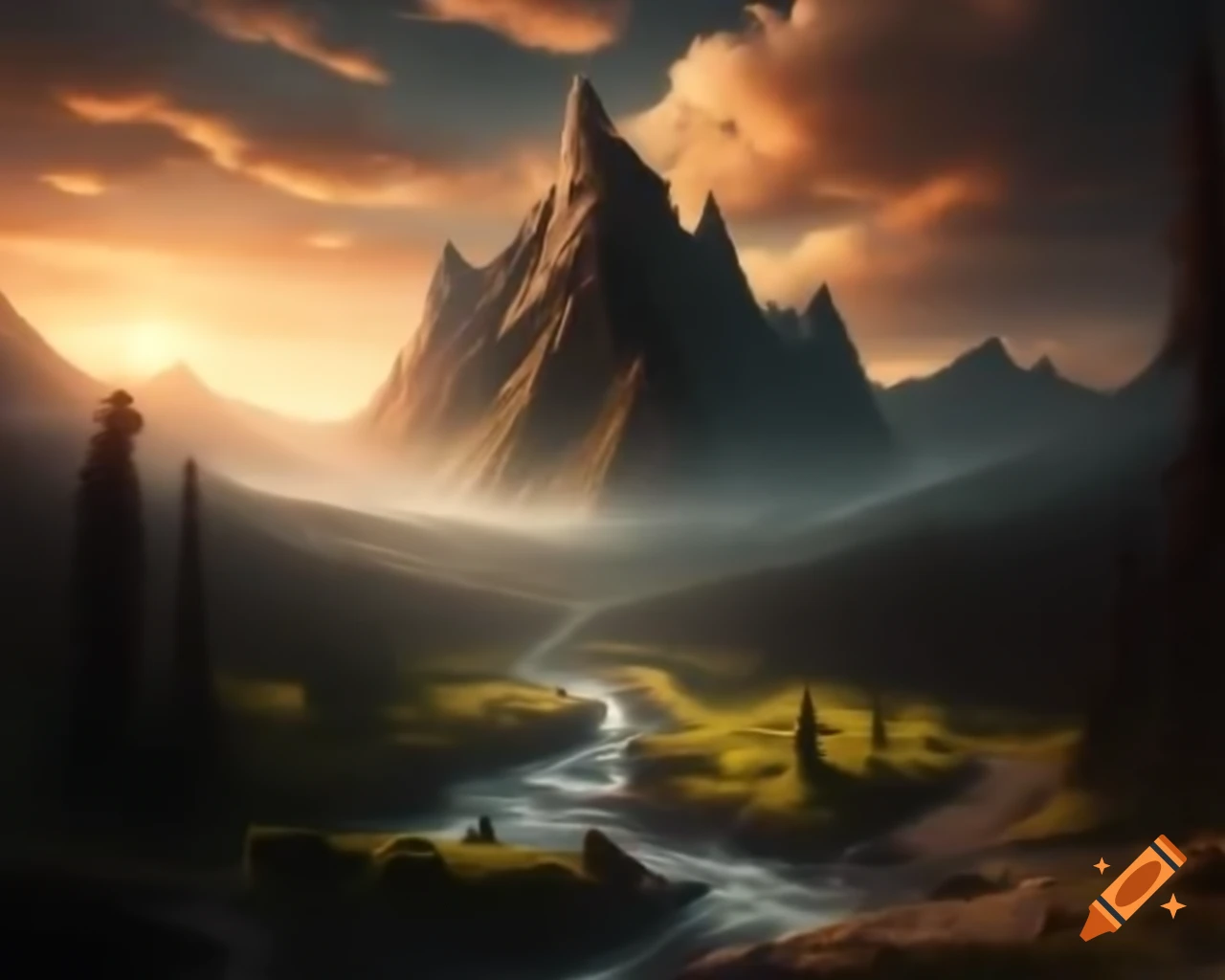 Majestic mountain range towering above winding river