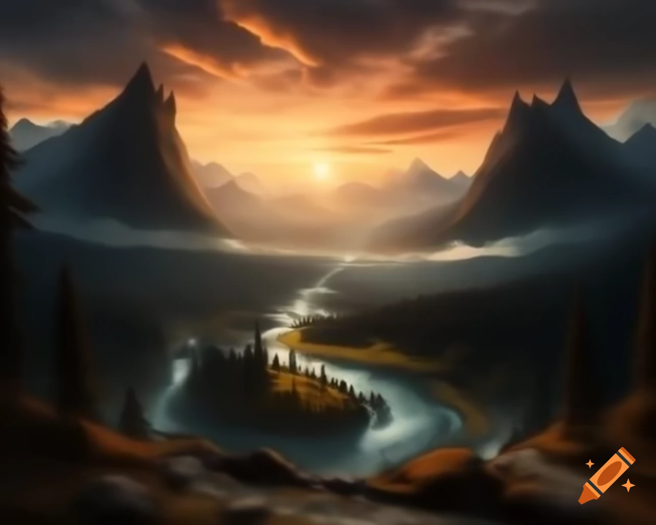 Majestic mountain range towering above winding river