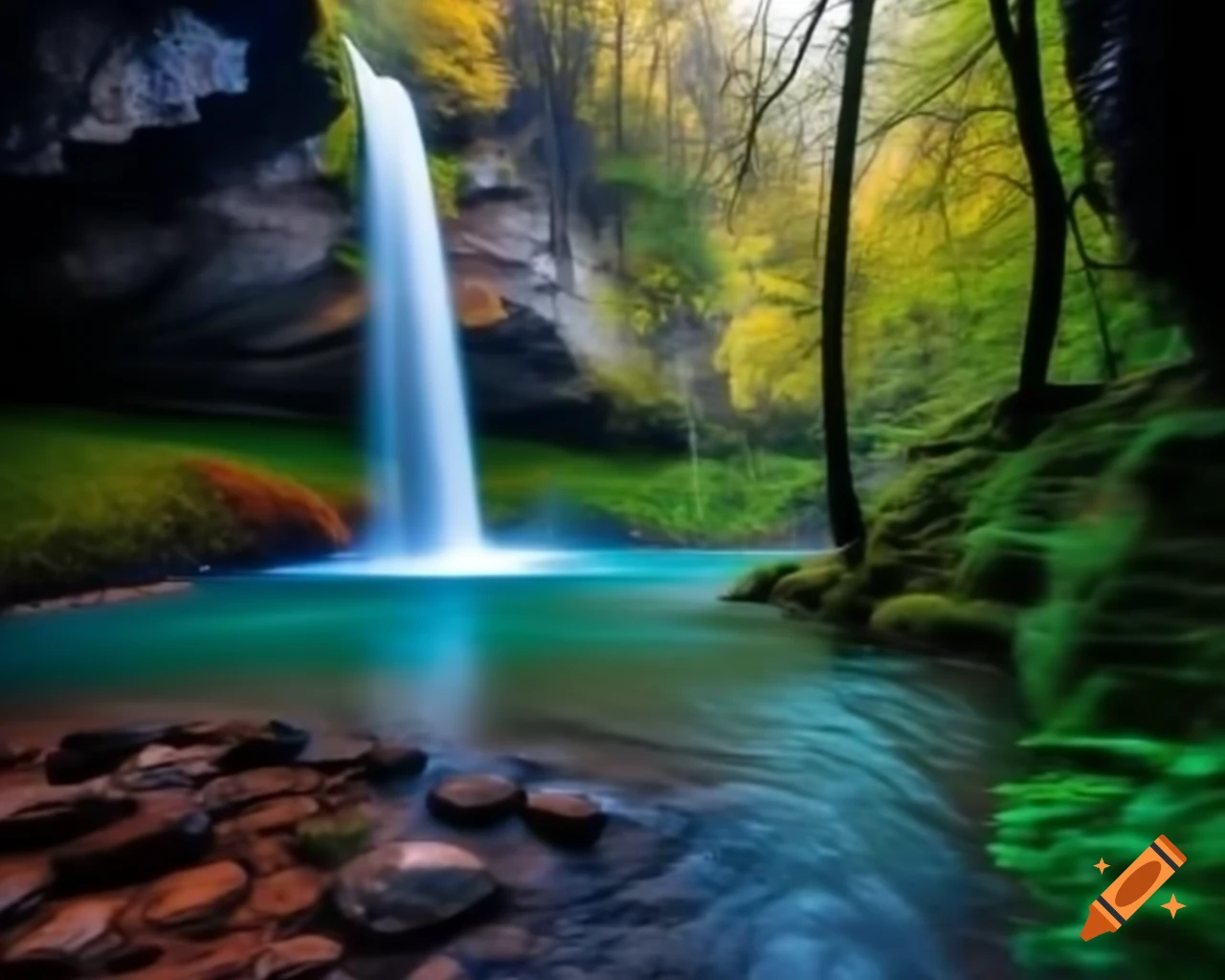 Aquatic blackbird on rock by stream in front of waterfall, morning light contrast
