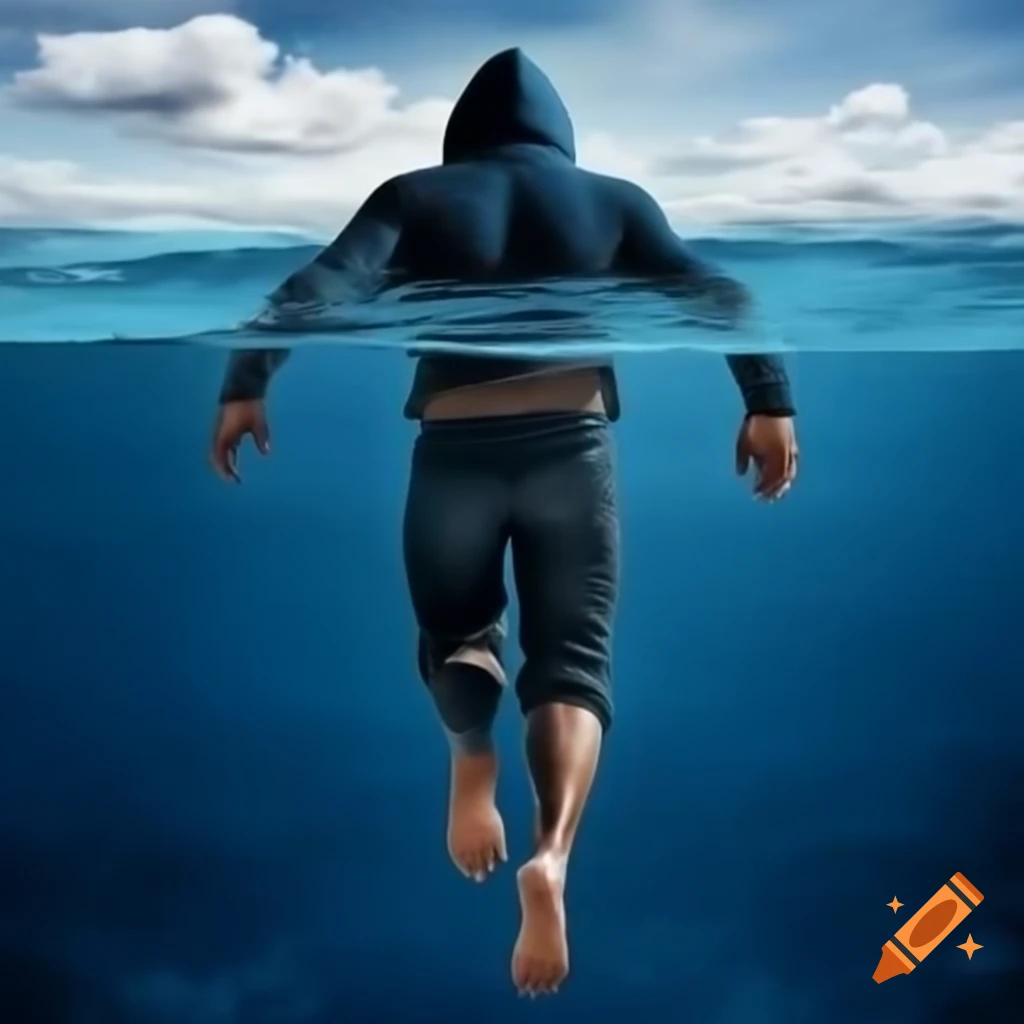 Realistic full body shot of a person in a hoodie floating in the ocean, visible above and below water