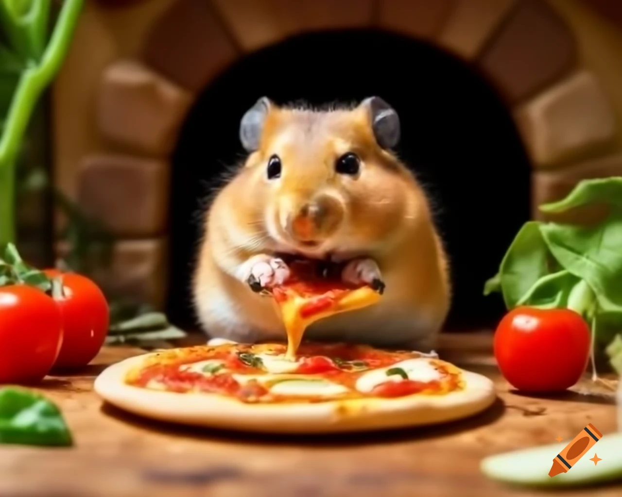 Hamster cooking pizza in miniature toy house kitchen