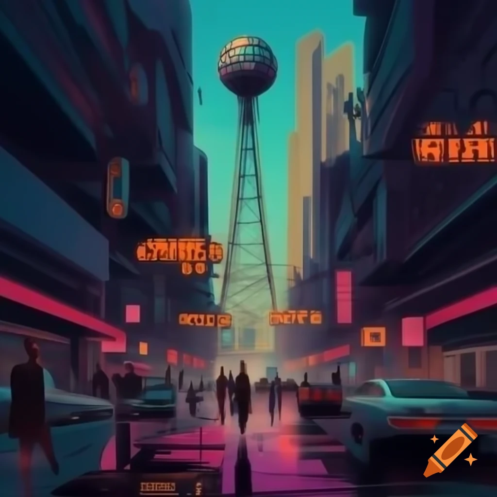 Vibrant 1960s street scene with atompunk aesthetics and retro-futuristic buildings