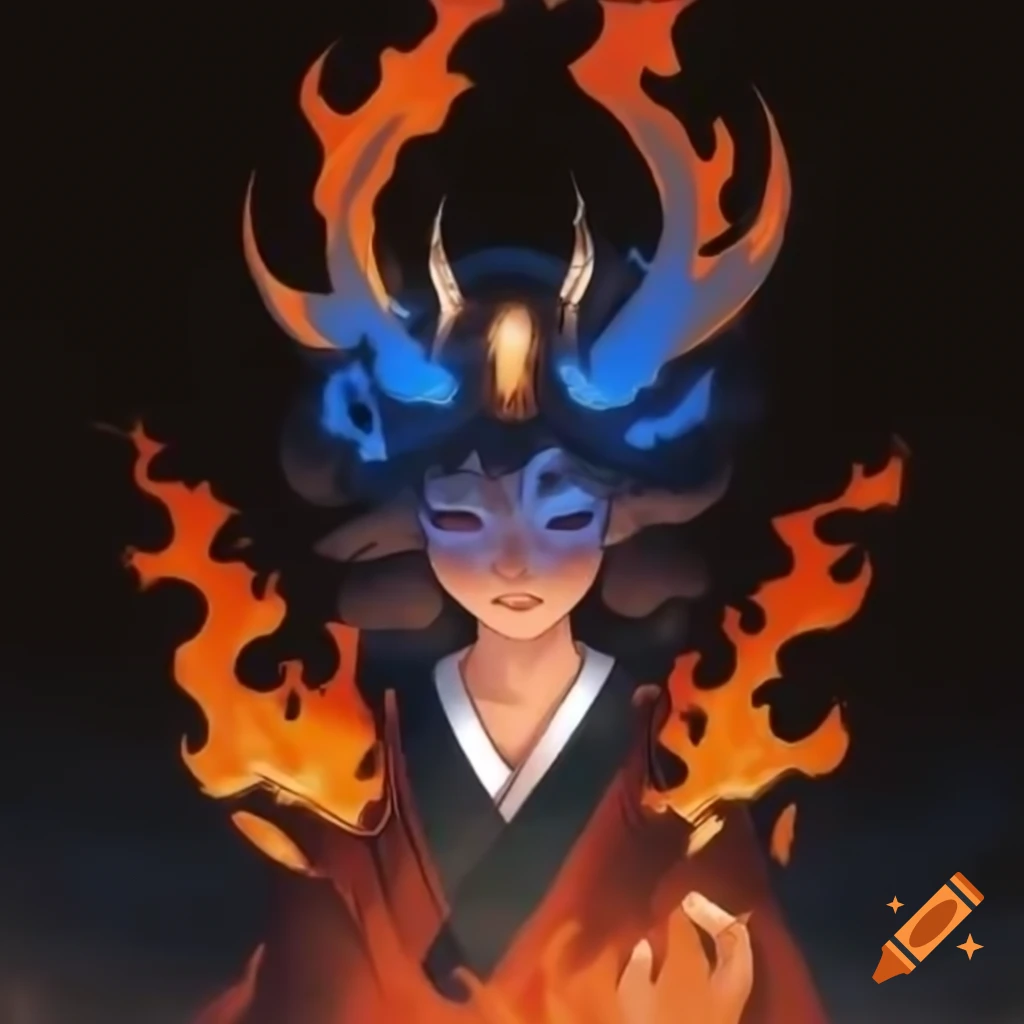 Anime human demon hybrid with flames in historical style, featuring blue, orange, and earth colors