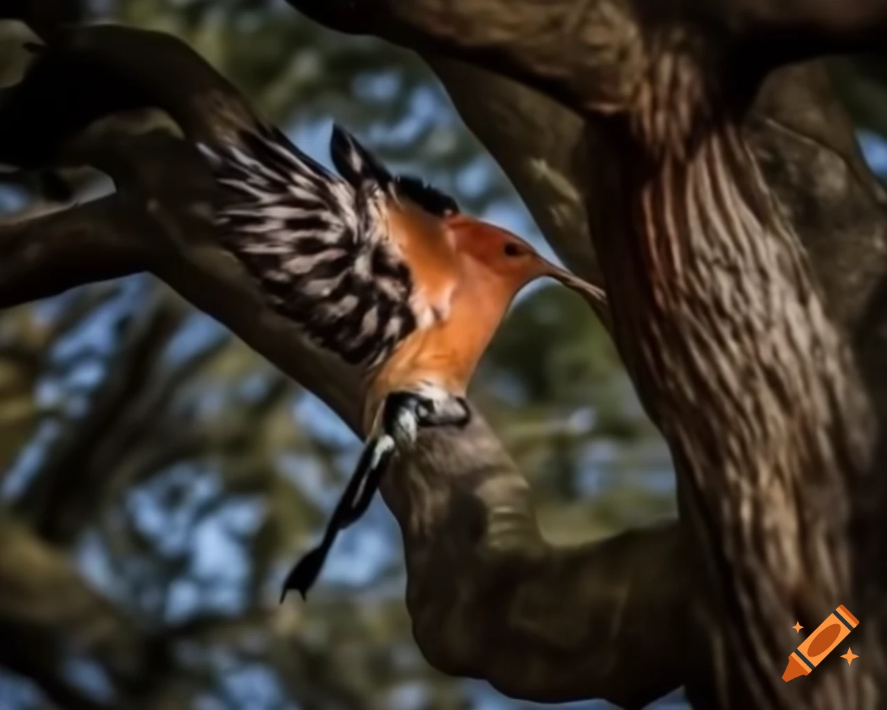Hoopoe landing on old oak tree with dappled light