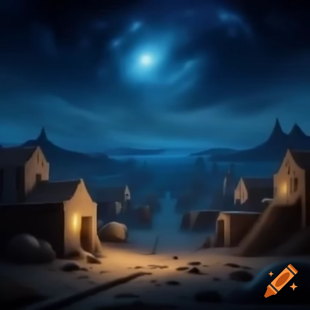 Desert village at twilight under celestial glow in oil study