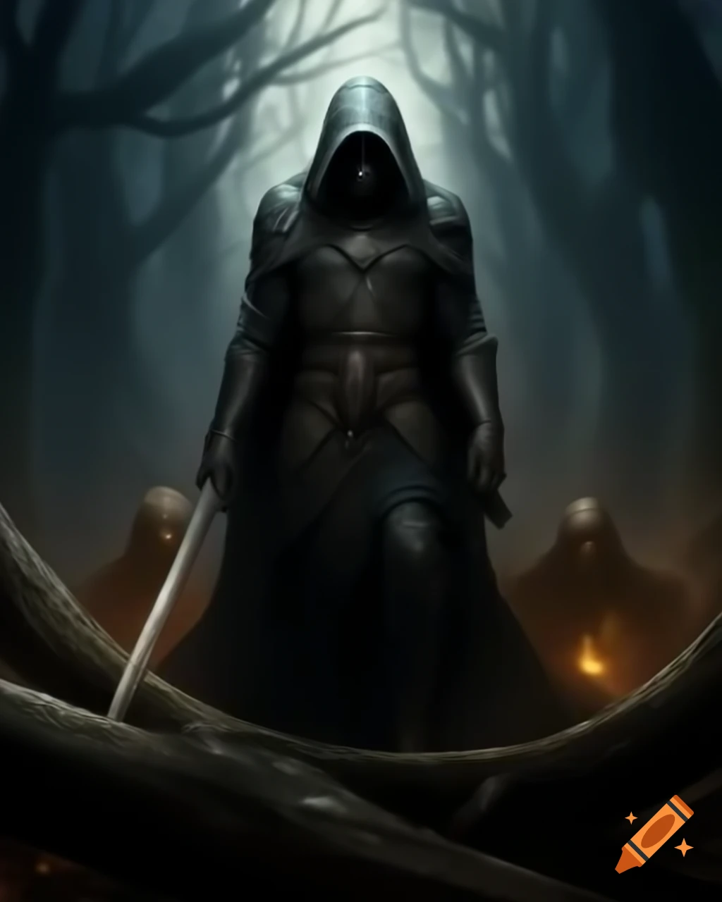 Cloaked warrior cyclops with glowing eye brandishing sword in dark old growth forest