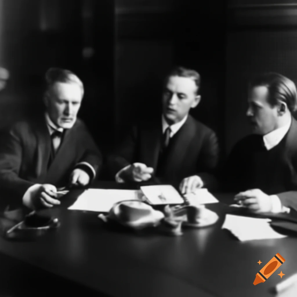 Three historical men in early 20th-century business attire discussing around wooden table